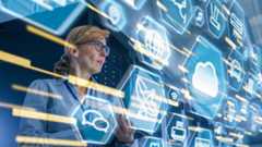 A corporate female wearing glasses looks intently at a virtual reality screen with shapes and lights representing Block shares going up today