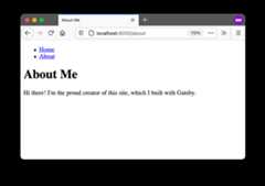 A screenshot of the About page. It has the same list of navigation links at the top of the page as the Home page. A screenshot of the About page. It has the same list of navigation links at the top of the page as the Home page.