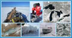 Collage of Great Lakes Ice related images. Top row, left to right: An ice breaking ship, a scientist getting a sample beneath the ice, a satellite image of a wintry Great Lakes Region; Bottom row, left to right: an ice covered Lake Erie from satelliteimagery, Ice Caves at Glen Haven Beach, an ice breaking ship, and pancake ice.