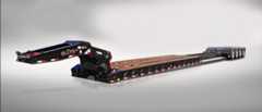 Black extendable lowboy stretched out with hydraulic flip axle down