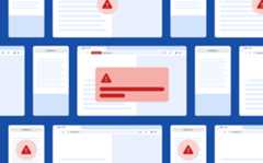 Generic web pages float on a dark blue background. A red pop up with a red alert icon is in front.