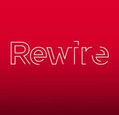 The image features the word "Rewire" in a modern, thin white font against a red gradient background. The letters "i" and "e" are stylized, with the "e" resembling a backward "3" and part of the "i" extending above the line.