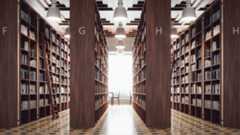 bookcases filled with books and labeled F, G, H