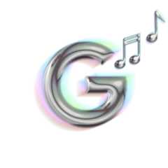 Illustration of a silver chrome letter G with light rainbow shadow and surrounded by two silver chrome musical notes