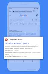 A mobile device greyed out over a blue background, featuring an example of an ad for Best Online Guitar Lessons