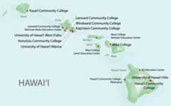 Map of University of Hawaii campuses to show on what island and where each university, college and education center is located.