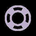 A white lifebuoy with purple bands against a purple background.