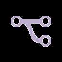A purple abstract icon with two connected nodes on top and one below, resembling a forked path or circuit.