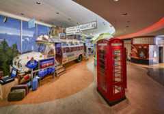 The Canadian Museum of History in Ottawa features a room adorned with a red bus and a red telephone booth.