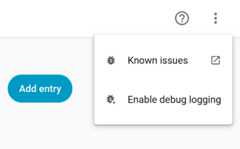 Screenshot showing the Enable debug logging button on an integration detail page