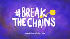 Logo with the words #BreakTheChains against a purple background with a yellow chain