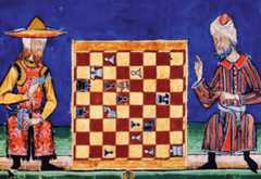 A colored drawing of a Jew and a Muslim playing chess in 13th century al-Andalus.