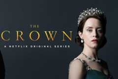 Advert for the Crown on Netflix showing actor of Queen Elizabeth II wearing crown on dark blue background. 