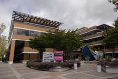 The NewsBreak company logo adorns a sign at a corporate office building in Mountain View, California, on April 26