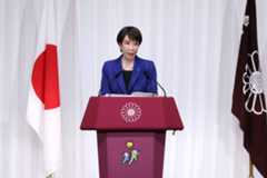 Prime Minister Sanae Takaichi speaks at Liberal Democratic Party headquarters in Tokyo on Monday, a day after her ruling coalition secured an overwhelming majority in Sunday’s Lower House vote. 