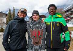 Jamaican slalom skier Henri Rivers IV (right) poses with Mexico's Lasse Gaxiola (center) and Issa Laborde, of Kenya, at the Milano Cortina Olympics in Bormio, Italy, on Feb. 10.