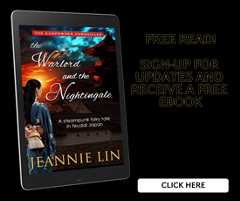 Text: Free Read! Sign-up for updates and receive a free ebook. Image: Cover of The Warlord and the Nightingale by Jeannie Lin. Japanese woman in kimono in front of castle at sunset