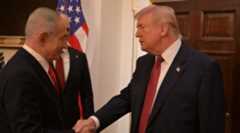 A photo of Netanyahu and Trump shaking hands.