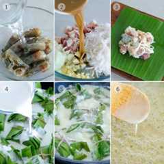 cooking pinais na hipon wrapped in banana leaves.