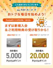 ご入会ありがとうございます au PAY カードでおトクな毎日を始めよう！Pontaポイントがたまる・つかえる 合計最大5,000Pontaポイント 合計最大20,000Pontaポイント