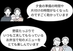 夕食の準備の時間や片付けの時間がなくなったのですごく助かっています野菜たっぷりでいつも工夫してもらっているお弁当で旬のメニューをとても楽しんでいます