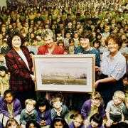 Patricia Cook , second left, retiring head of Westholme’s Middle and Lower Schools at her farewell assembly in 1993. She received a painting from Lyndsey Jackson, chair of the Westholme Association and Christine Harrison and Betty Aspden who were