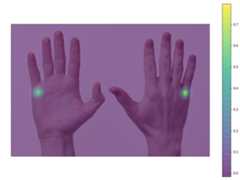 handpose-heatmap-little – LearnOpenCV Image with probability heatmap for base of little finger superimposed on original image.