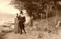 Pilgrims holding bibles