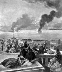Fort Sumter, South Carolina is bombed by the Confederates while the people of Charleston look on.