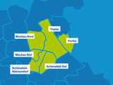Karte mit den Umrissen der Leipziger Ortsteile im Nordosten. Hervorgehoben sind Schönefeld-Abtnaundorf, Schönefeld-Ost, Mockau-Süd, Mockau-Nord, Thekla und Portitz.