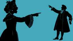 Scherenschnitt einer Frau und eines Mannes in höfischer Kleidung in Streitposition mit offenen Mündern und ausgestreckten Fingern. Scherenschnitt auf blauem Grund.