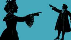 Scherenschnitt einer Frau und eines Mannes in höfischer Kleidung in Streitposition mit offenen Mündern und ausgestreckten Fingern. Scherenschnitt auf blauem Grund.