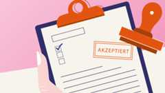 Grafik: Ein Block mit einem Formular, ein Stempel hat darauf das Wort "Akzeptiert" gestempelt. 