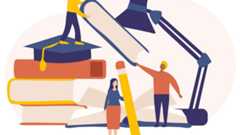 Grafik mit Menschen verschiedenen Alters vor und auf einem riesigen Bücherstapel mit einem übergroßen Bleistift in der Hand und einer überdimensionalen Schreibtischlampe