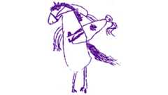 Auf weißem Hintergrund wurde von einem Kind ein Mädchen gemalt, welches auf einem Pferd reitet. Das Pferd steht auf den Hinterbeinen, die Vorderbeine sind in die Höhe gestellt.