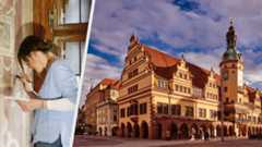Imagebild Altes Rathaus Fotocollage Altes Rathaus und Restauratorin bei der Arbeit
