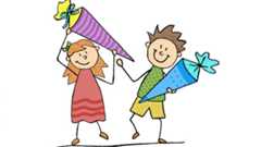 Grafik Schulstart - Kinder mit Zuckertüten Zeichung von einem Mädchen und einem Jungen, die lachend ihre Zuckertüten nach oben halten