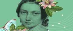 Kampagnenmotiv Clara 2019 Portrait Clara Schumanns vor grünem Hintergrund mit rosa Lilien