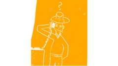 Auf gelben Hintergrund sieht man kindlich abstahiert eine Person neben einem Tisch stehen. Auf dem Tisch steht ein Telefon und die Person hält den Telefonhörer in der Hand. Die Person trägt einen Hut, lächelt und sieht den Betrachter an. Über dem Hut wurde ein Fragezeichen gemalt. 