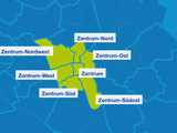 Karte mit den Umrissen der Leipziger Ortsteile. Hervorgehoben sind Zentrum-Nordwest, Zentrum-West, Zentrum-Süd, Zentrum-Südost, Zentrum, Zentrum-Ost und Zentrum-Nord.