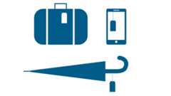 Eine Person redet mit einer anderen Person, welche hinter einem Tresen steht. Im Hintergrund hängt ein Schlüsselbrett. Der Tresen ist beschriftet mit dem Wort Fundbüro. Neben diesem Bild sind die Symbole für Fundsachen abgebildet: ein Koffer, ein Smartphone/Tablet und ein Regenschirm, jeweils mit Etiketten versehen.