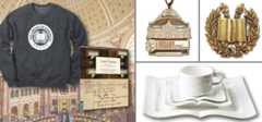 image of a sweatshirt, a book, a charm, a decorative pin, and a cup and saucer set from the Library's catalog