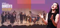 A female singer stands in the foreground along with the text reading Library of Congress Concerts, Winter/Spring Season 2026. In the background, an orchestra performs.