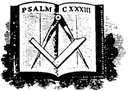 illustration of Christian Bible open to Psalms overlaid with a Masonic square and compasses