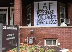 Lehigh University and Lafayatte College displayed banners Friday, Nov. 21, 2025, illustrating the playful mockery of the rival schools. Members of the Lehigh community and Lafayette community spray-painted banners with  jokes about Lafayette and vice versa to hang on their residences and around their campuses. (Monica Cabrera/The Morning Call)
