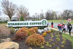Starbucks Workers United baristas and supporters rally for a fair union contract outside  Starbucks East Coast distribution center on Nov. 19, 2025, in York, Pennsylvania. (Photo by Lisa Lake/Getty Images for Starbucks Workers United)