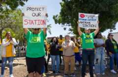 Deborah Polk and Brendon Olaskey rally at the Pittsburg/Antioch Amtrak Station, Wednesday, May 22, 2024, demanding that the San Joaquin Joint Powers Authority not eliminate the stop. (Karl Mondon/Bay Area News Group)