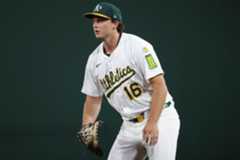 FILE – Athletics first baseman Nick Kurtz waits for the pitch during the fourth inning of a baseball game against the Houston Astros, Tuesday, Sept. 23, 2025, in West Sacramento, Calif. (AP Photo/Scott Marshall, file)