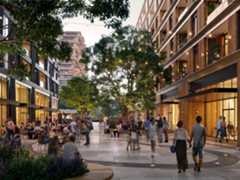 Evening view of The Rise, a mixed-use neighborhood of thousands of homes, retail and restaurant spaces, offices, and open areas near the interchange of Interstate 280 and North Wolfe Road in Cupertino, concept image.