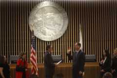 San Mateo County Sheriff Kenneth Binder Kenneth Binder, center right, is sworn in as the new San Mateo County Sheriff by San Mateo County Supervisor Ray Mueller at the San Mateo County Center in Redwood City on Nov. 12.